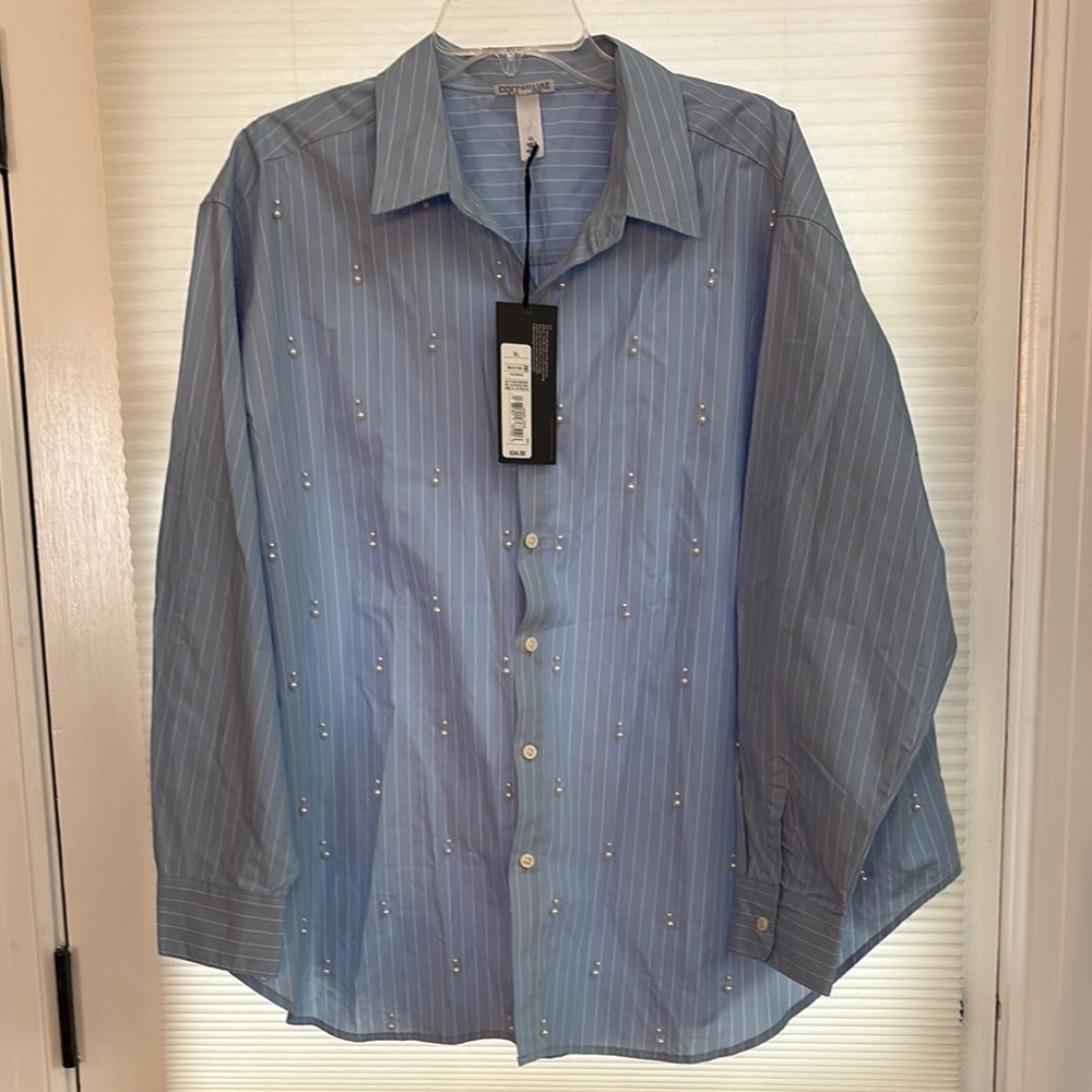 Future Collective/Target NWT Size XL Pearl Embellished Blue/White Striped Shirt